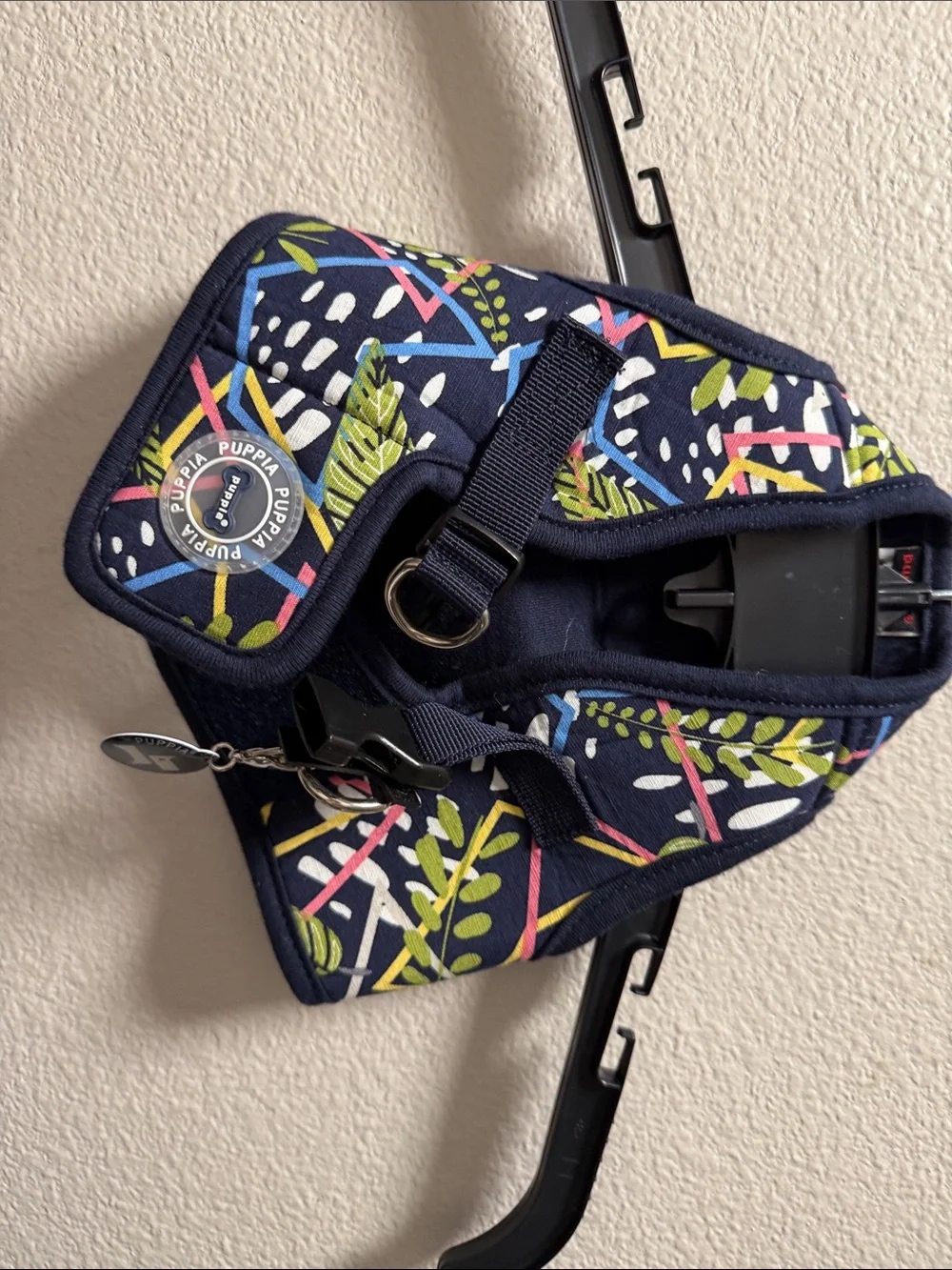 Puppia Navy Harness with Multicolor Leaf & Geometric Print
